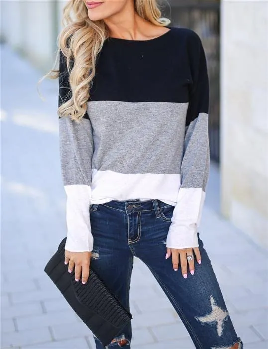 New Blooming Jelly Women's Long Sleeve Crew Neck Color Block Top, Sz S
