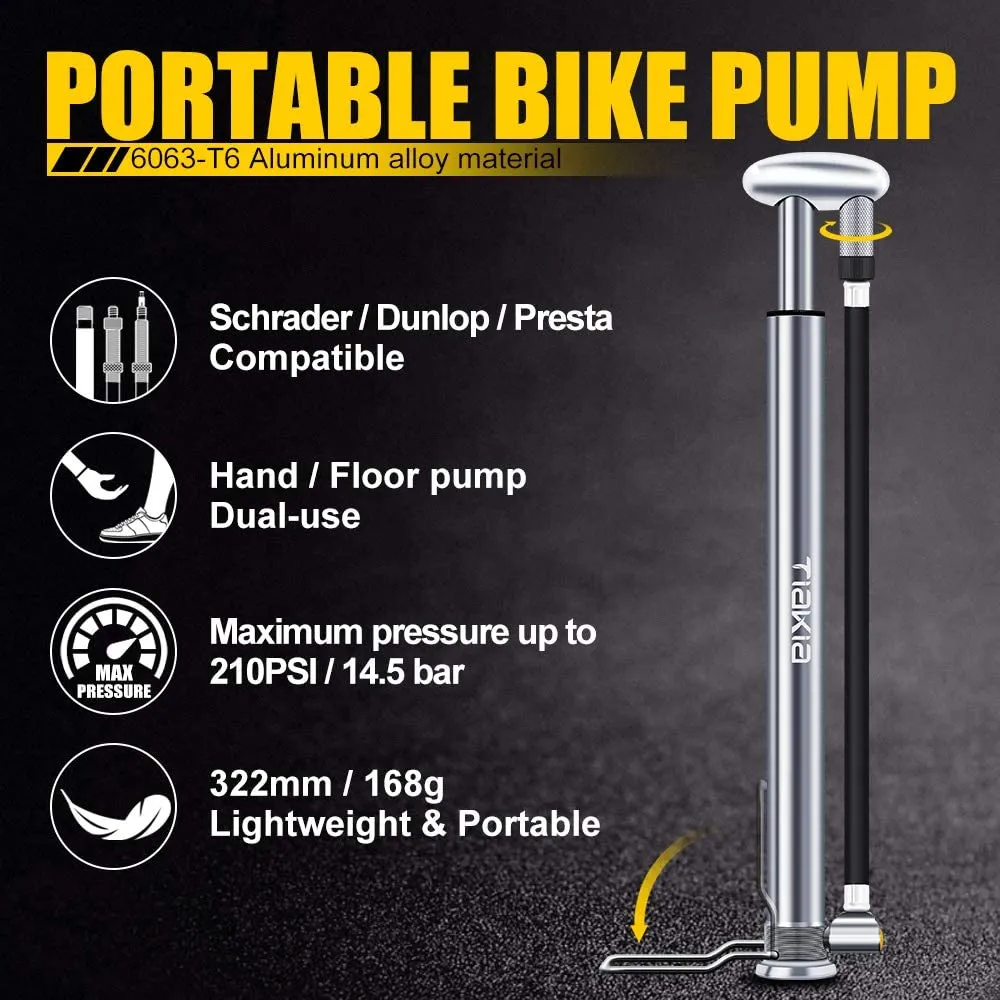 New Tiakia Bike Pump, Bicycle Pump Mini High Pressure 210 PSI - Fits Schrader/Presta/Woods Valve Fast Inflat, Compact Light and Fashion Bicycle Tire Pump with Needle/Frame for Road and Mountain Bikes