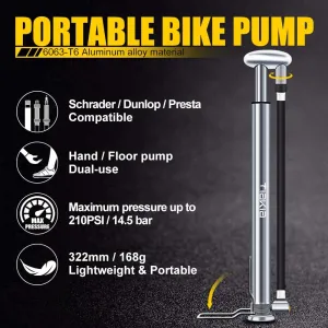 New Tiakia Bike Pump, Bicycle Pump Mini High Pressure 210 PSI - Fits Schrader/Presta/Woods Valve Fast Inflat, Compact Light and Fashion Bicycle Tire Pump with Needle/Frame for Road and Mountain Bikes