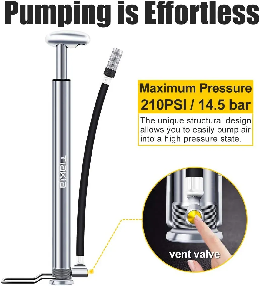 New Tiakia Bike Pump, Bicycle Pump Mini High Pressure 210 PSI - Fits Schrader/Presta/Woods Valve Fast Inflat, Compact Light and Fashion Bicycle Tire Pump with Needle/Frame for Road and Mountain Bikes