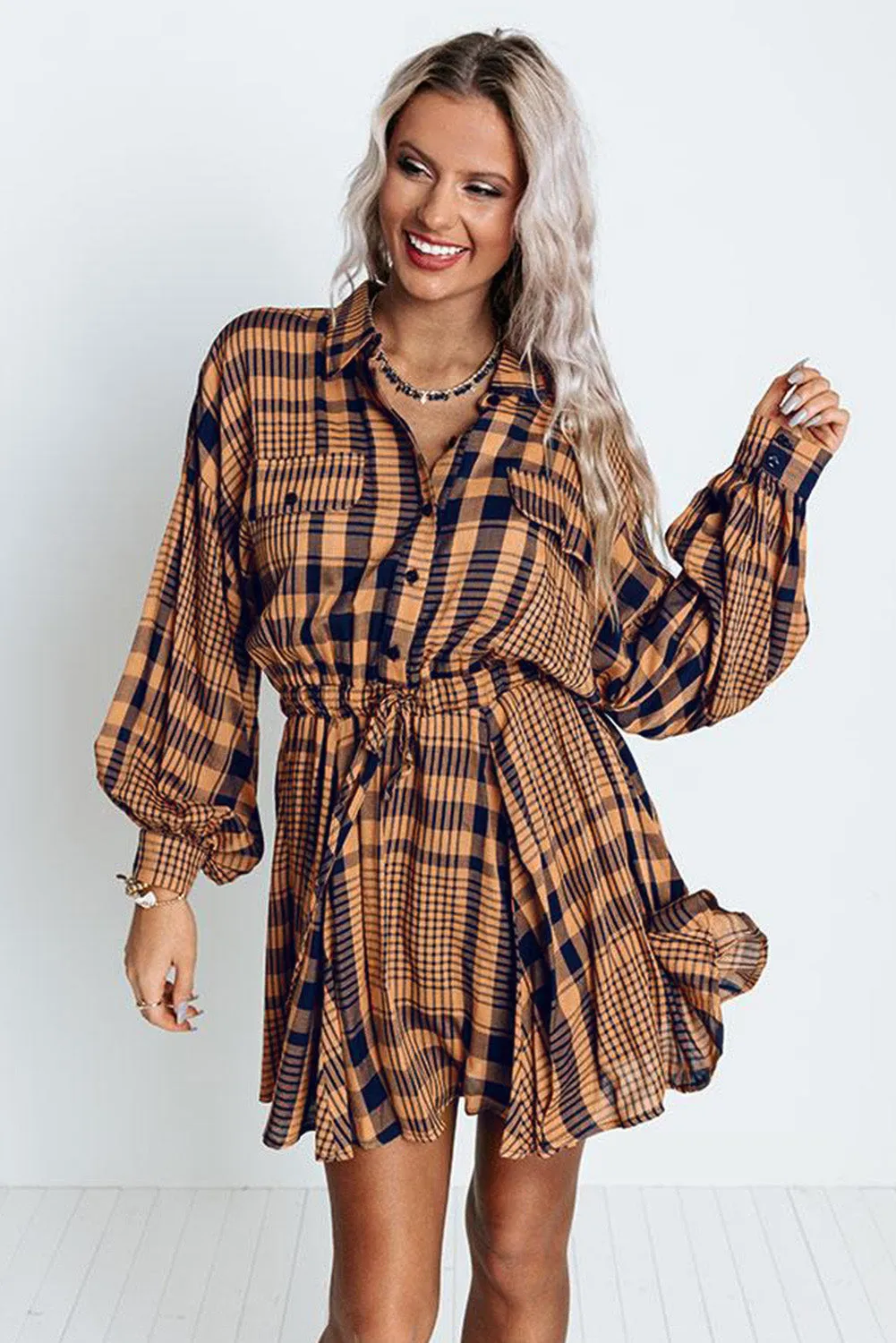 Orange Plaid Print Pocketed Drawstring High Waist Mini Dress