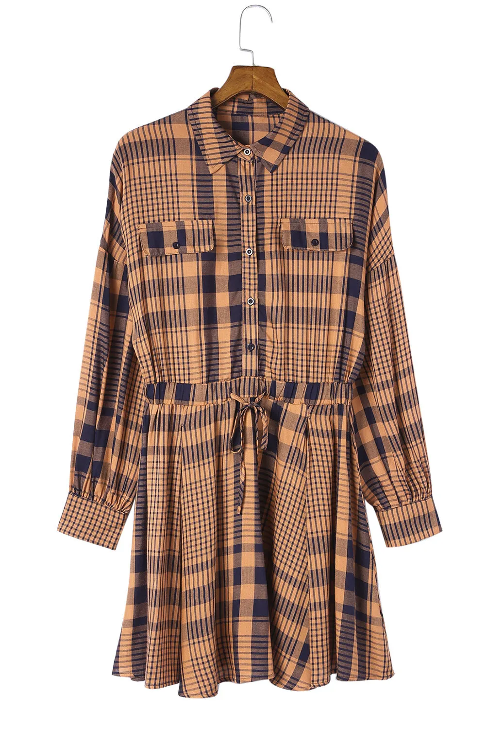 Orange Plaid Print Pocketed Drawstring High Waist Mini Dress
