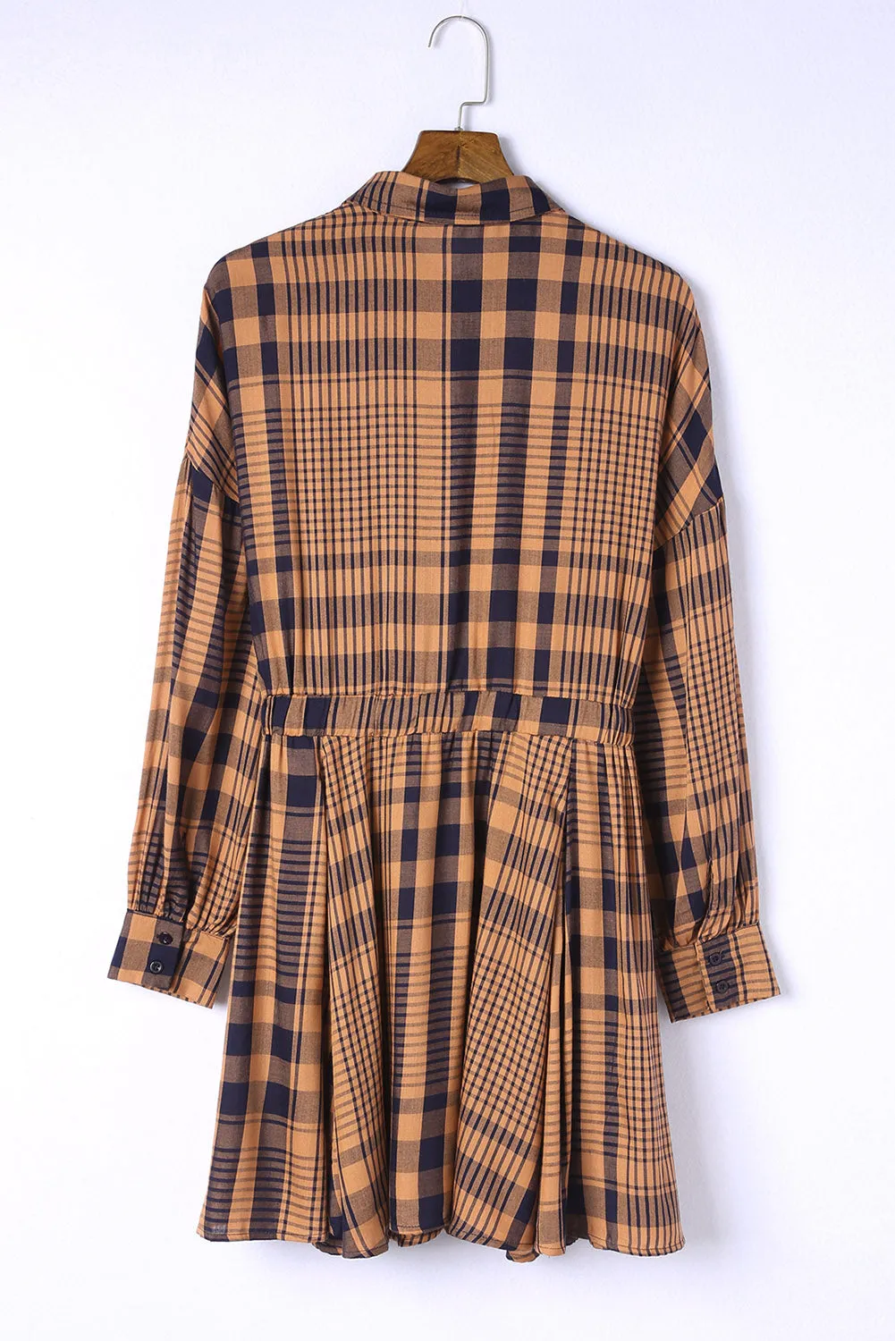 Orange Plaid Print Pocketed Drawstring High Waist Mini Dress