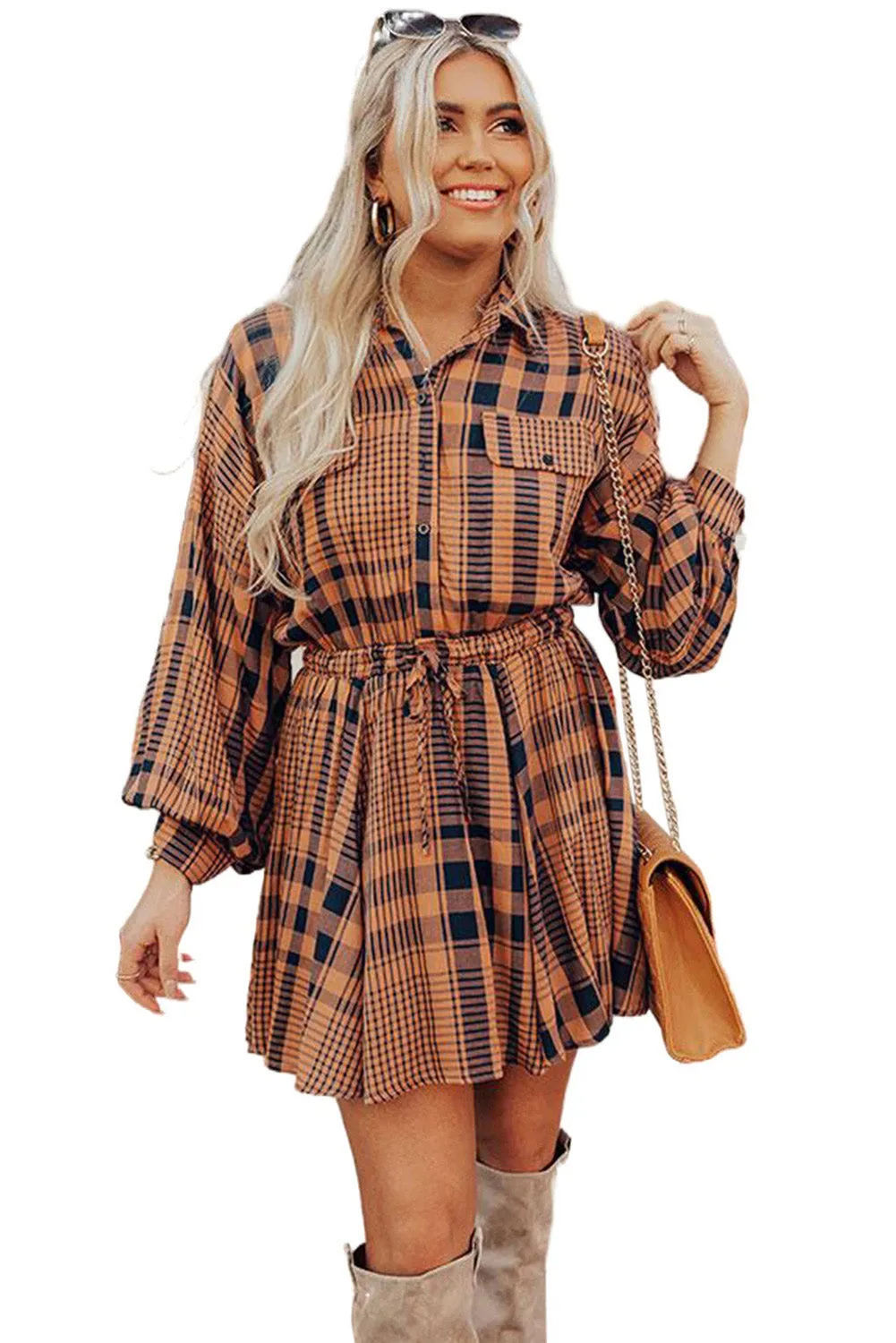 Orange Plaid Print Pocketed Drawstring High Waist Mini Dress