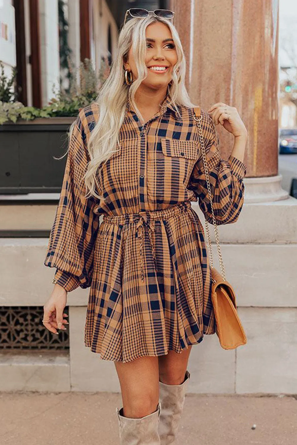 Orange Plaid Print Pocketed Drawstring High Waist Mini Dress