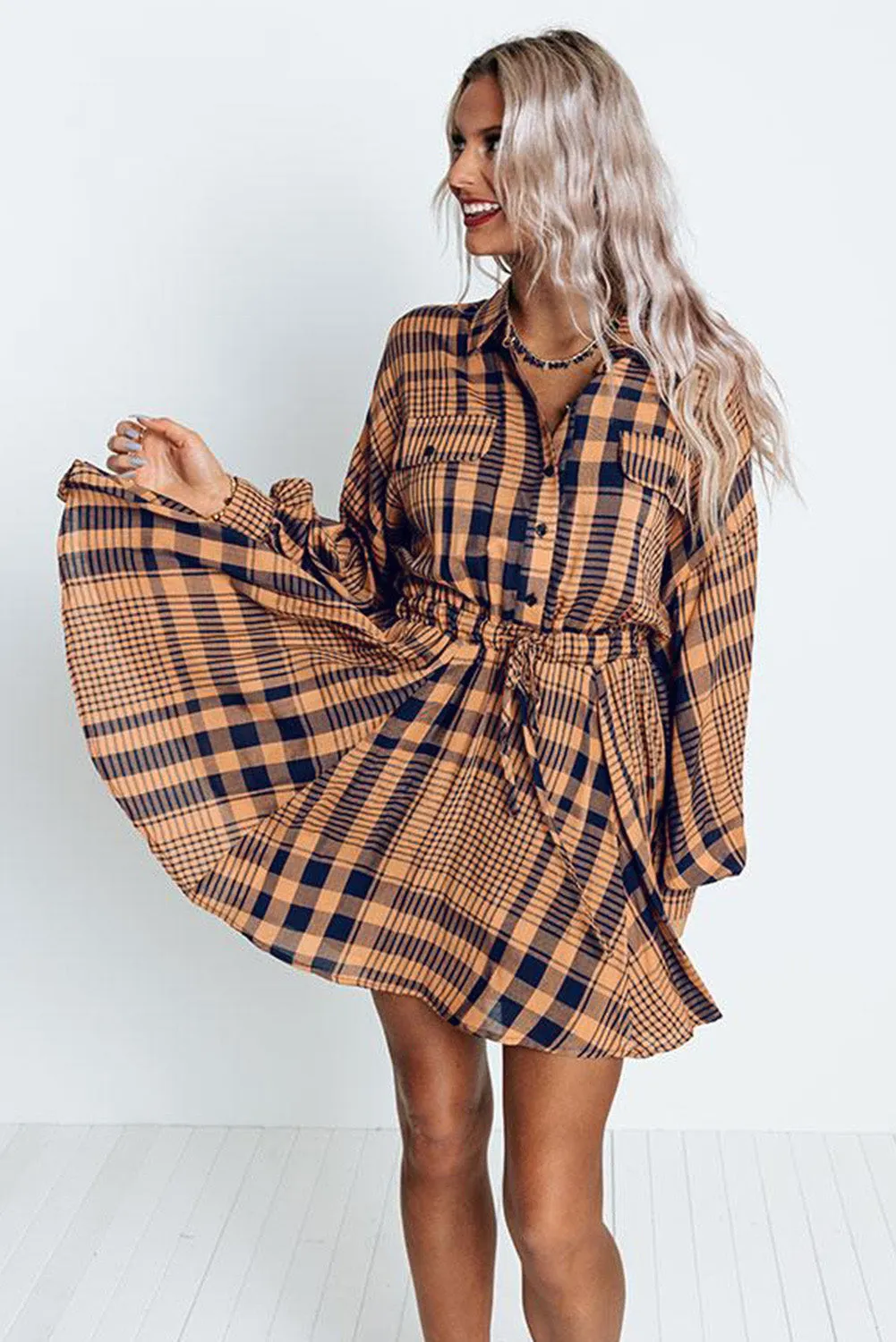 Orange Plaid Print Pocketed Drawstring High Waist Mini Dress