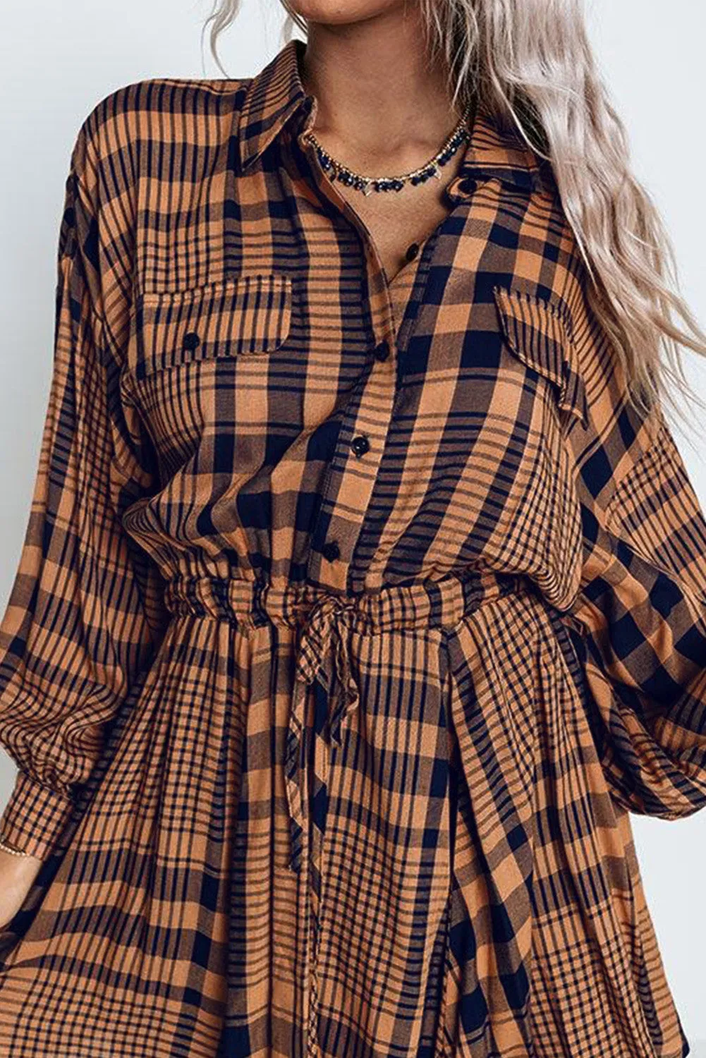Orange Plaid Print Pocketed Drawstring High Waist Mini Dress