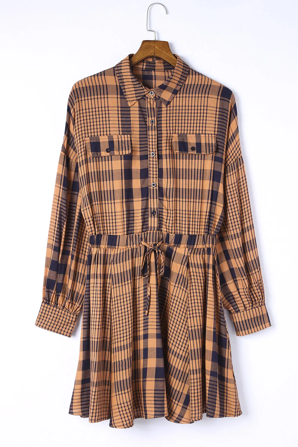 Orange Plaid Print Pocketed Drawstring High Waist Mini Dress