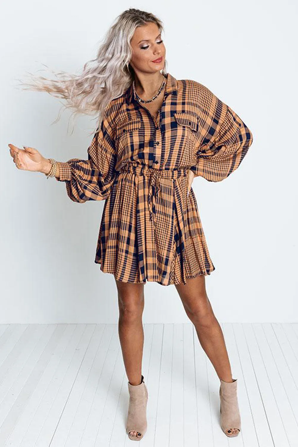 Orange Plaid Print Pocketed Drawstring High Waist Mini Dress