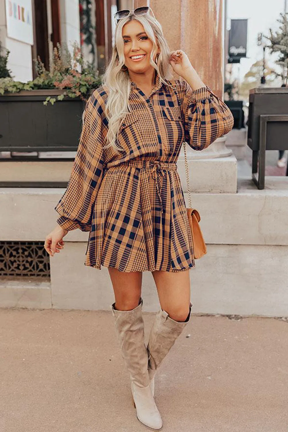 Orange Plaid Print Pocketed Drawstring High Waist Mini Dress