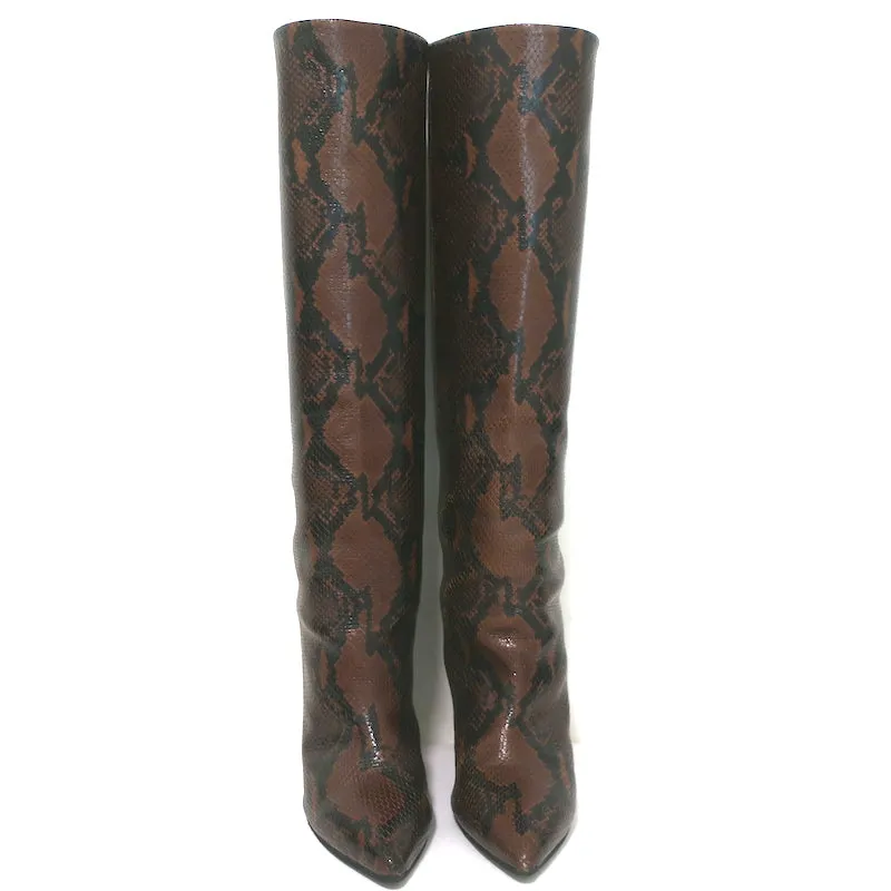 Paris Texas Snakeskin Print Knee High Boots Dark Brown Size 39