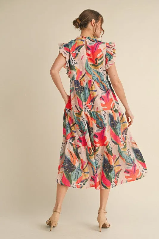 Party Under the Palms Print Tiered Midi Dress