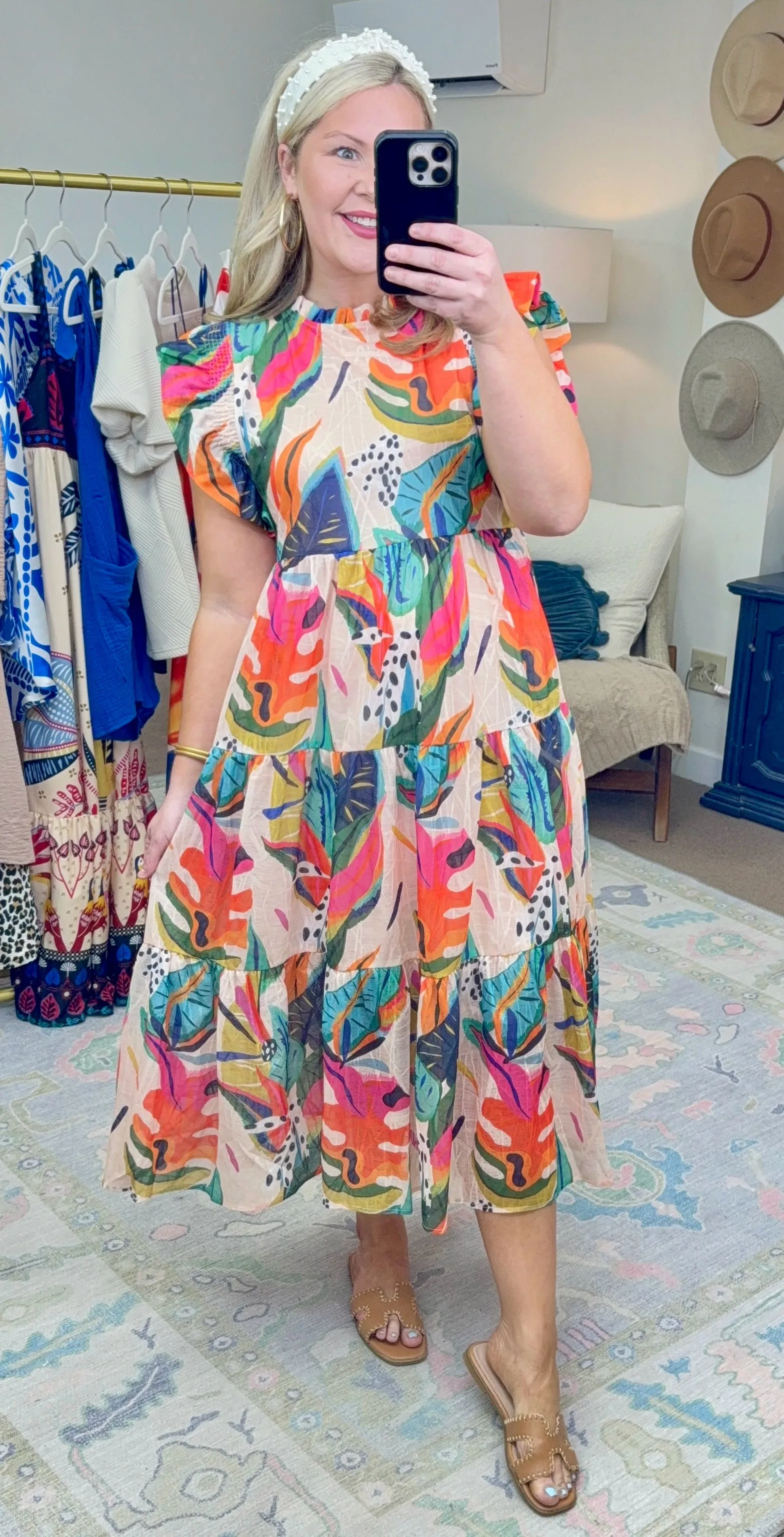 Party Under the Palms Print Tiered Midi Dress