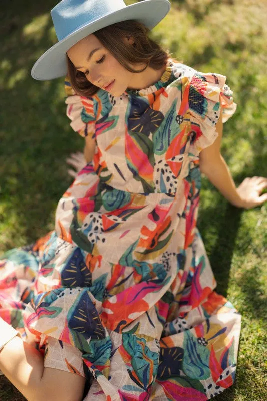 Party Under the Palms Print Tiered Midi Dress