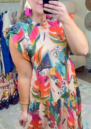 Party Under the Palms Print Tiered Midi Dress