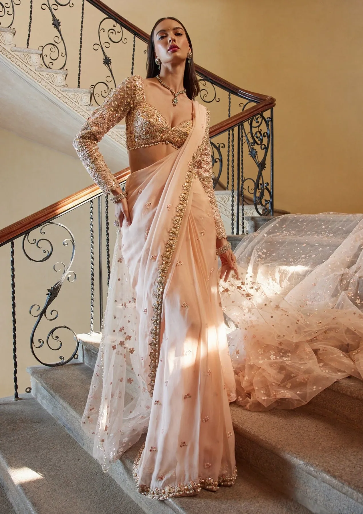 Peach organza draped sari and blouse