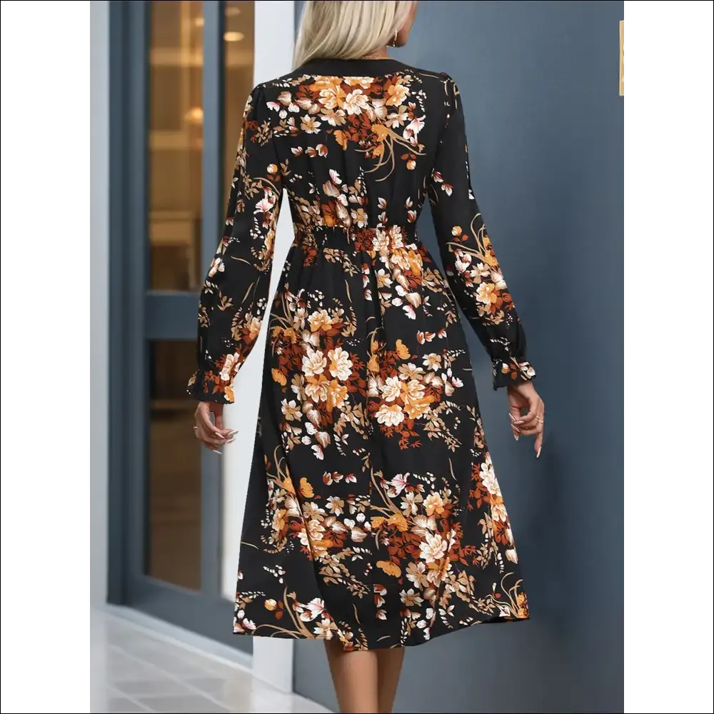 Perfee Printed Notched Long Sleeve Midi Dress