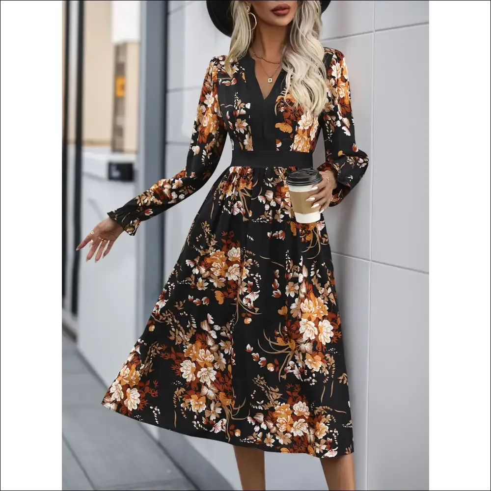 Perfee Printed Notched Long Sleeve Midi Dress