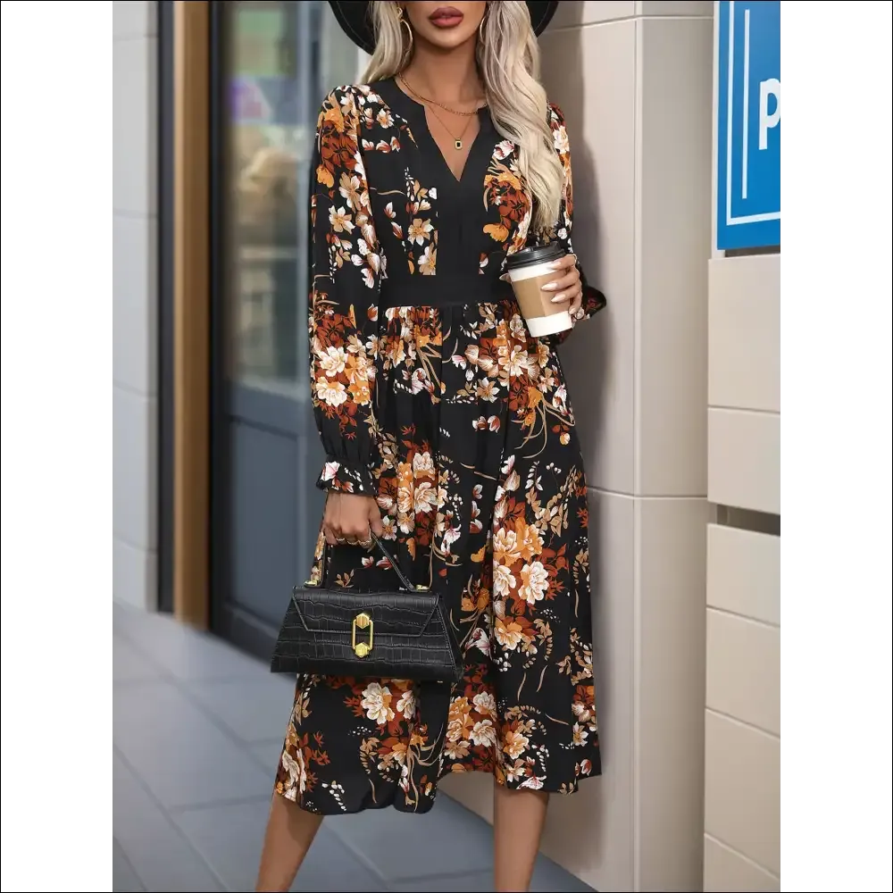 Perfee Printed Notched Long Sleeve Midi Dress