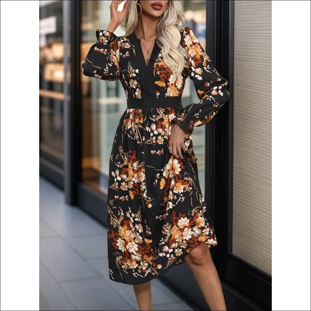 Perfee Printed Notched Long Sleeve Midi Dress