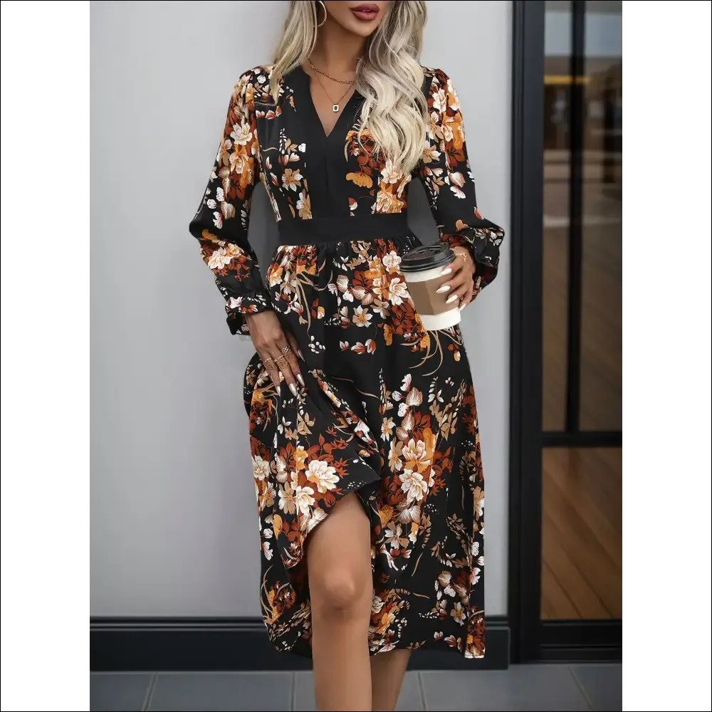 Perfee Printed Notched Long Sleeve Midi Dress