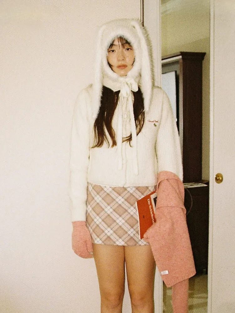 Pink Cozy Plaid Wool Mini Skirt
