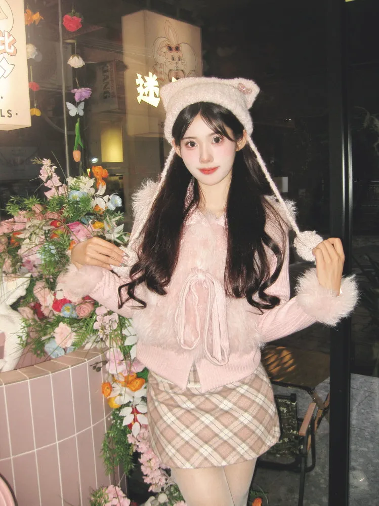 Pink Cozy Plaid Wool Mini Skirt