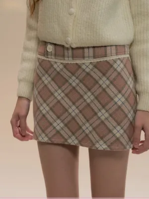 Pink Cozy Plaid Wool Mini Skirt