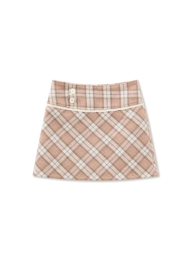 Pink Cozy Plaid Wool Mini Skirt