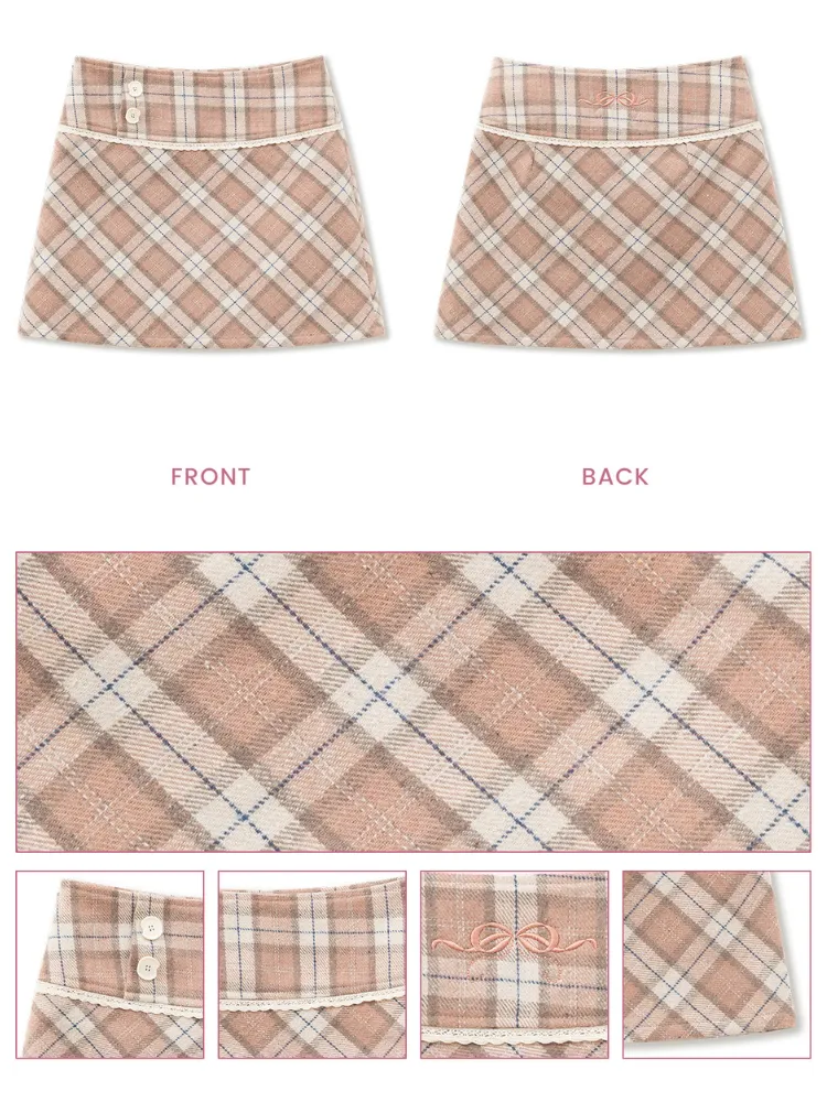 Pink Cozy Plaid Wool Mini Skirt