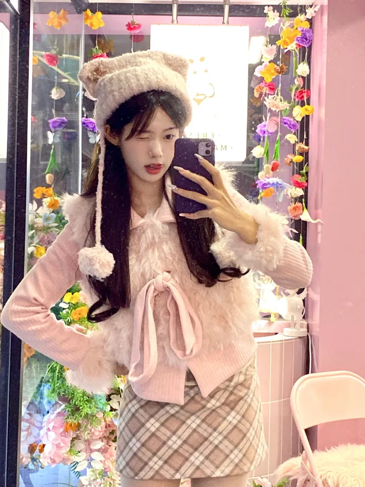 Pink Cozy Plaid Wool Mini Skirt