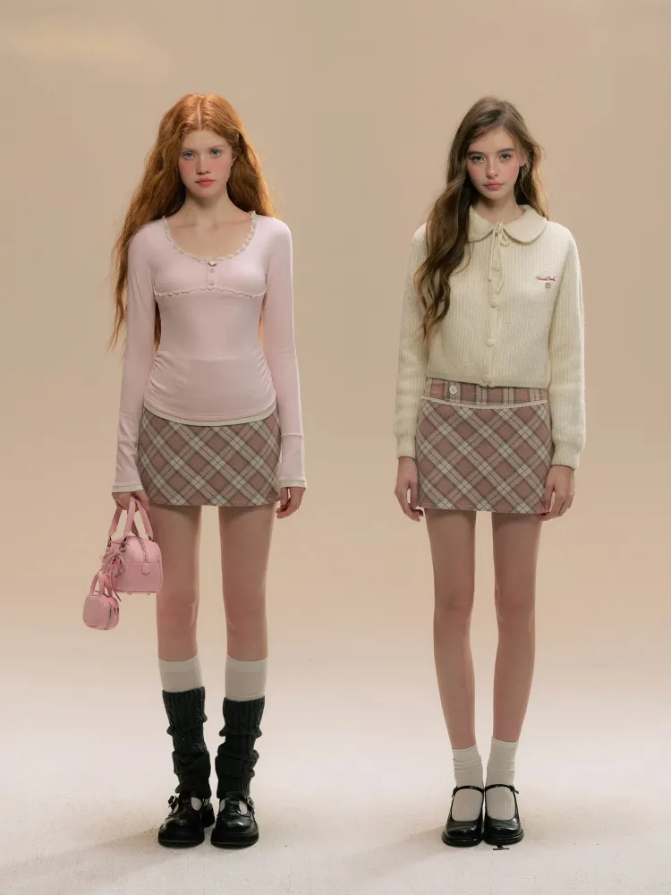 Pink Cozy Plaid Wool Mini Skirt
