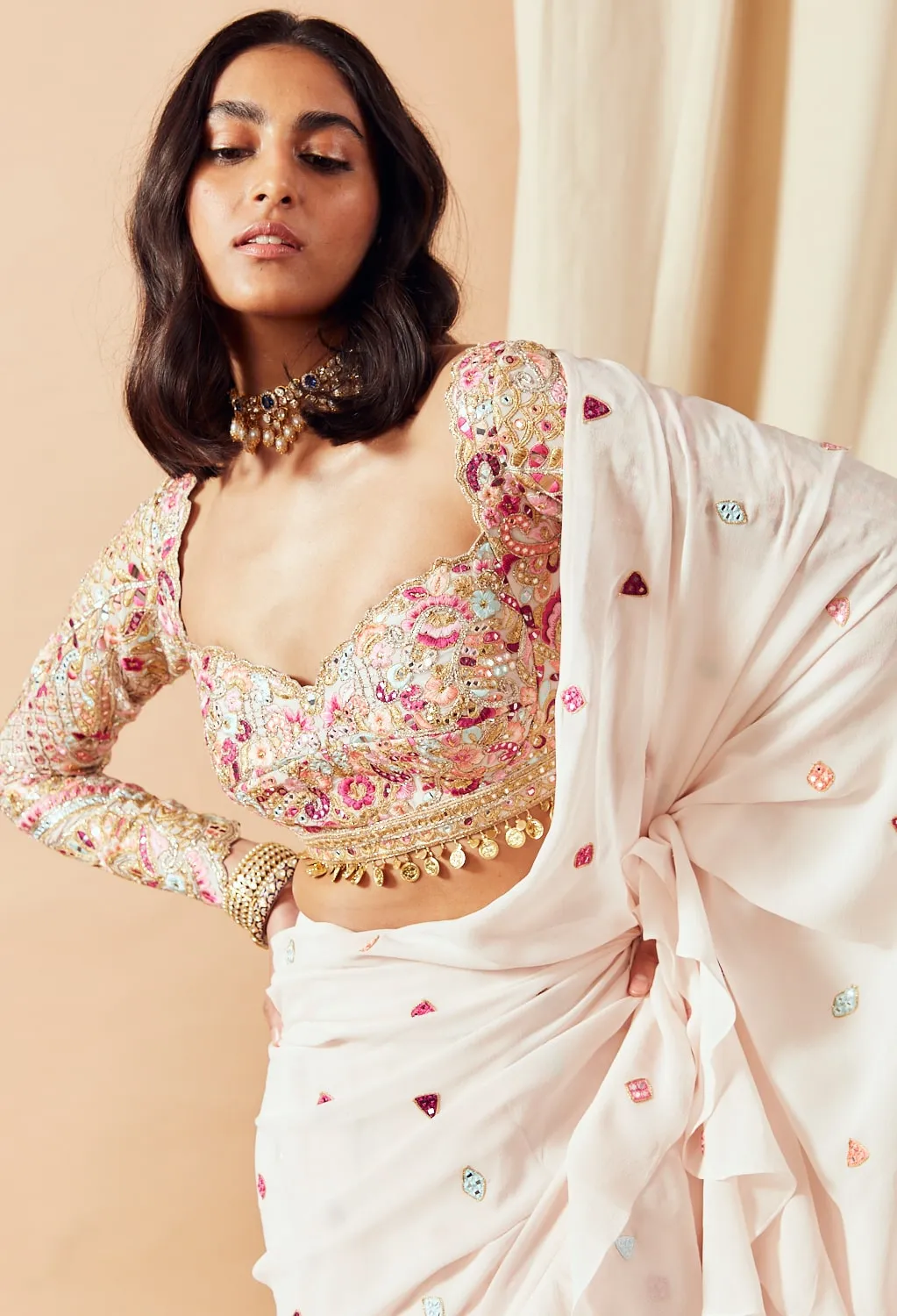 Pink Ruffle Saree Set