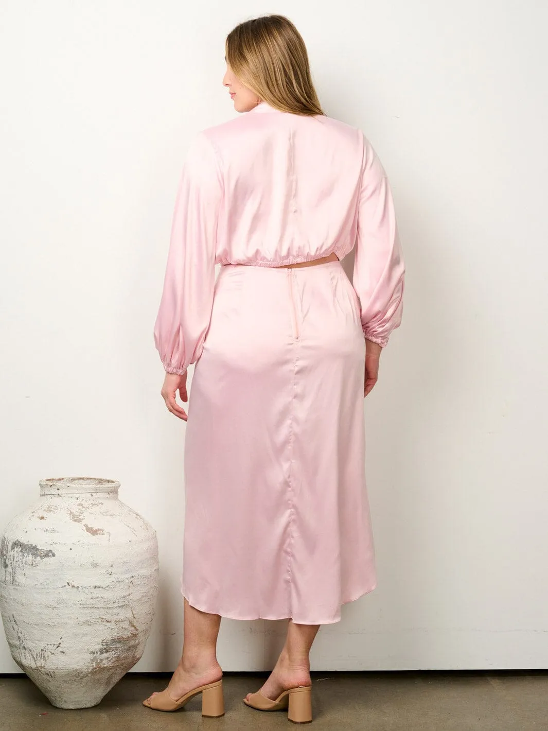 PLUS SIZE LONG SLEEVE CROP TOP & HIGH LOW MIDI SKIRT 2PC. SET