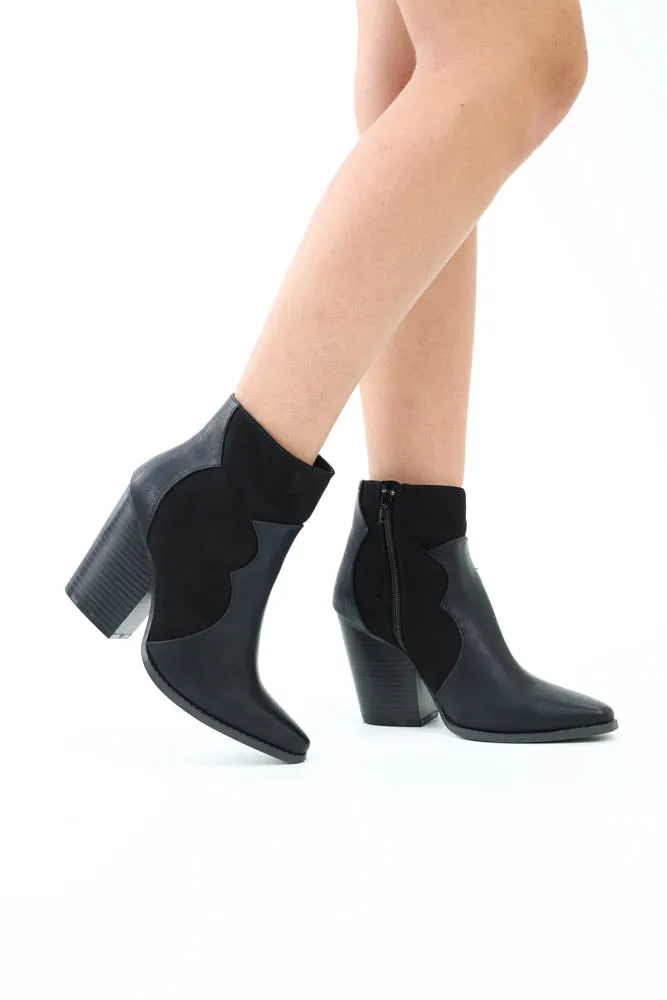 Pointy Toe Western Contrast Cowgirl Bootie -Black