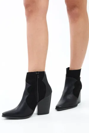 Pointy Toe Western Contrast Cowgirl Bootie -Black