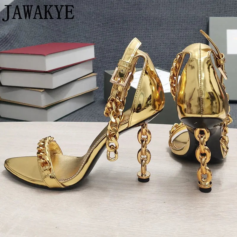 Seasonprestige Gold Chain Heel Sandals Women
