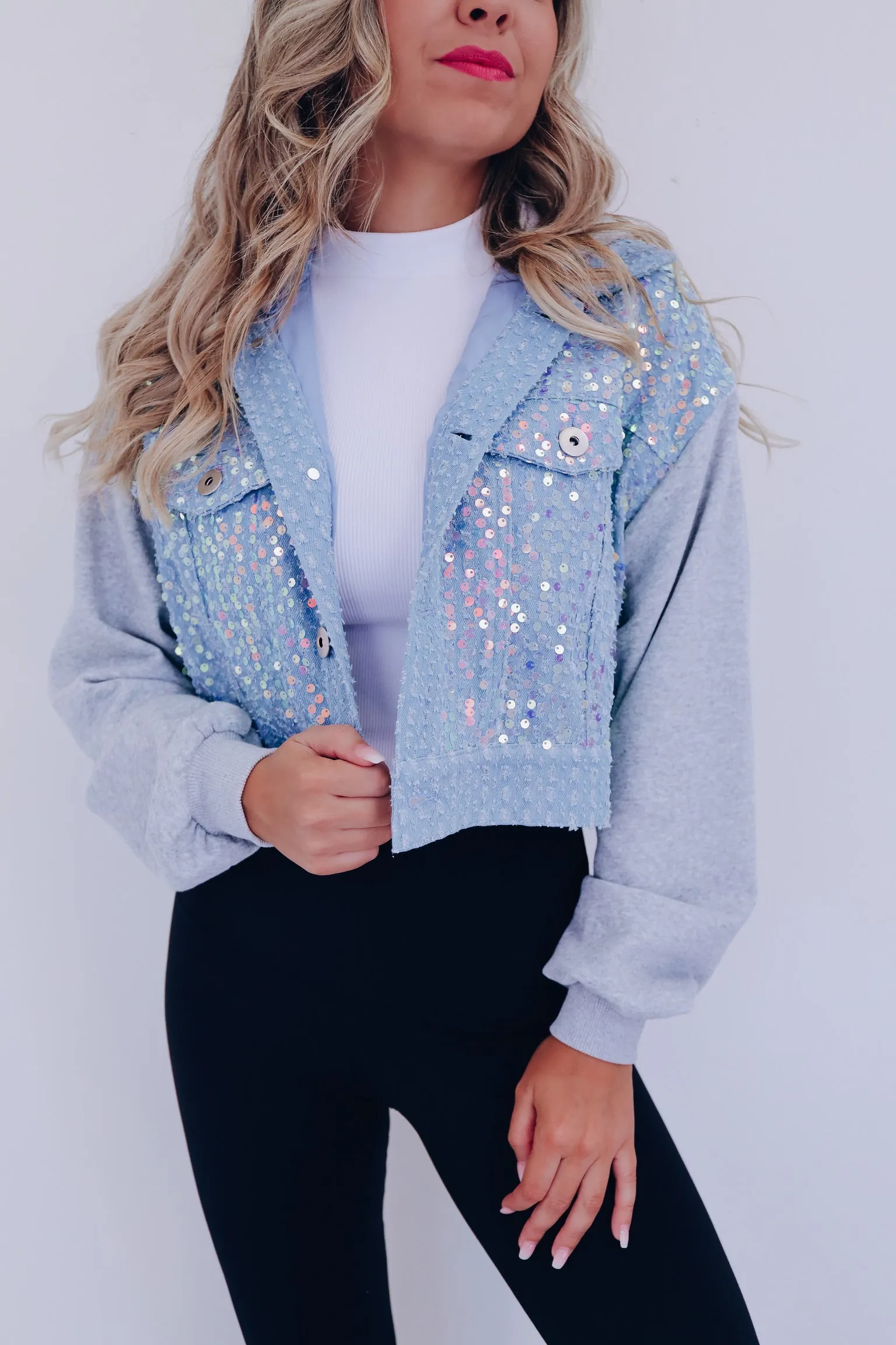Shai Sequin Cropped Hoodie - Light Blue