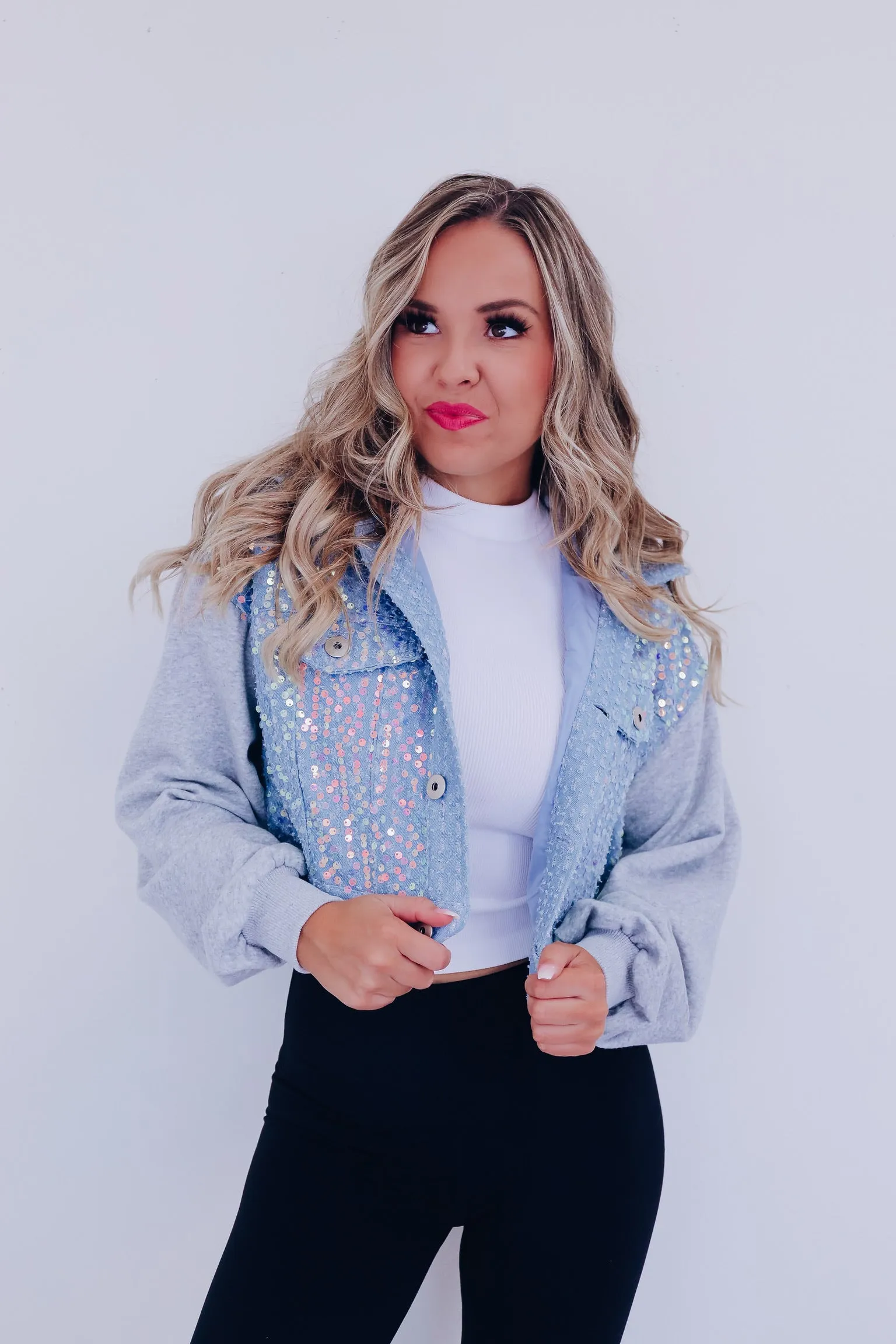 Shai Sequin Cropped Hoodie - Light Blue