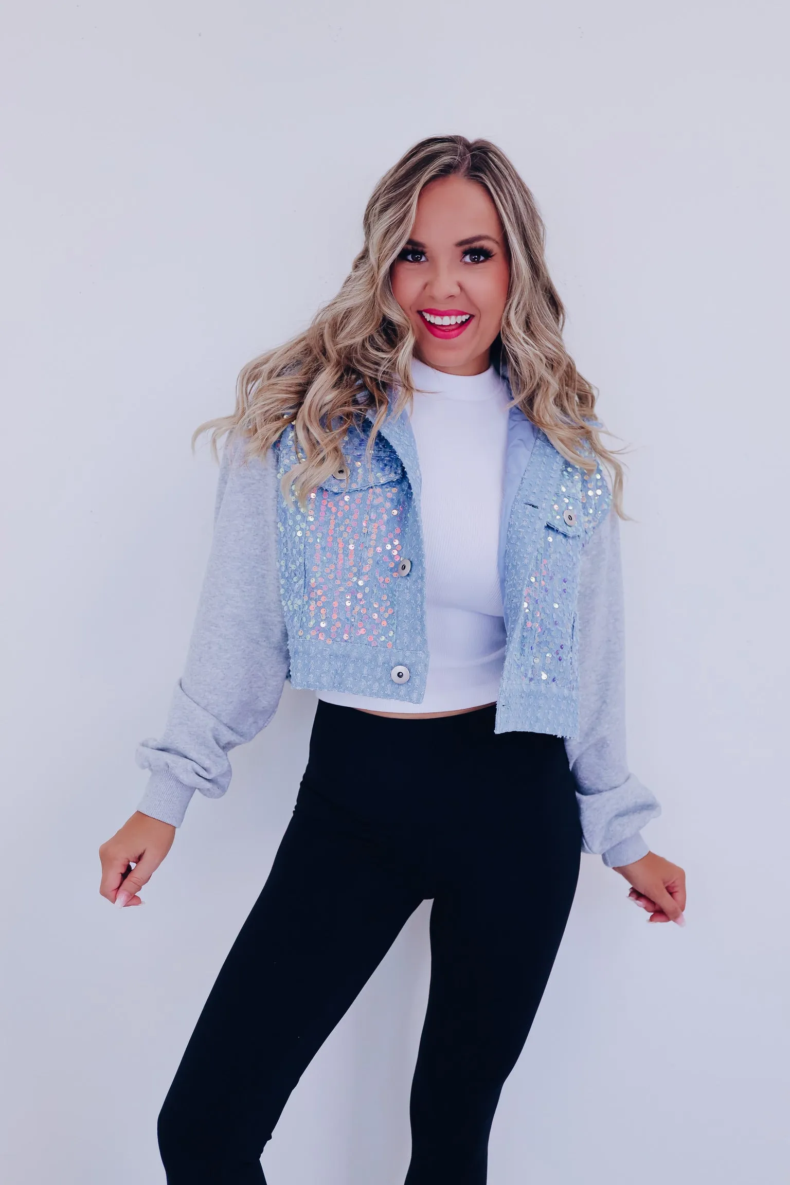 Shai Sequin Cropped Hoodie - Light Blue