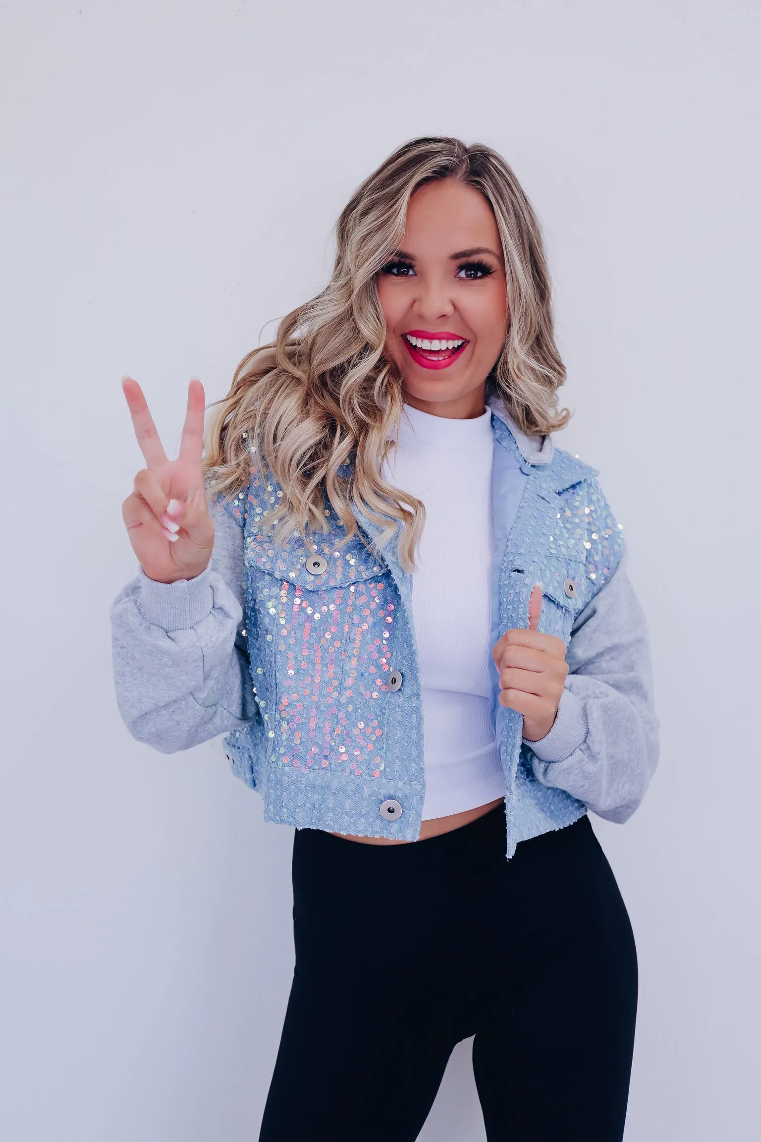 Shai Sequin Cropped Hoodie - Light Blue
