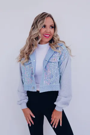 Shai Sequin Cropped Hoodie - Light Blue