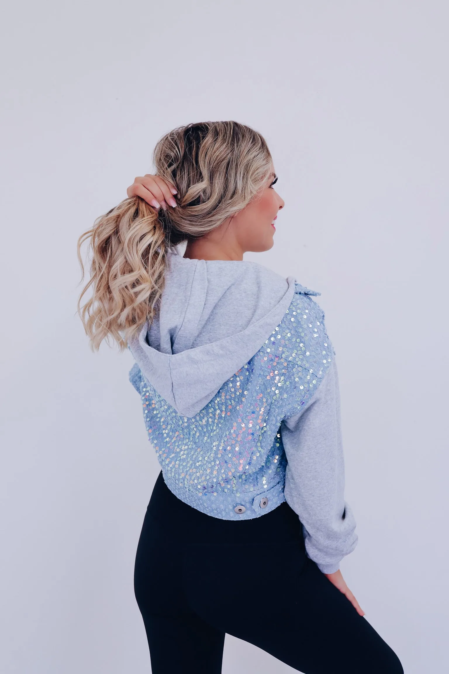 Shai Sequin Cropped Hoodie - Light Blue