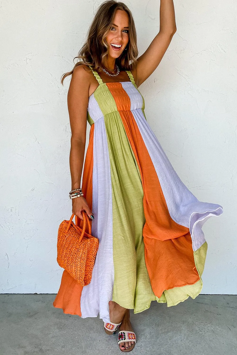 Shirred High Waist Fit & Flare Maxi Dress