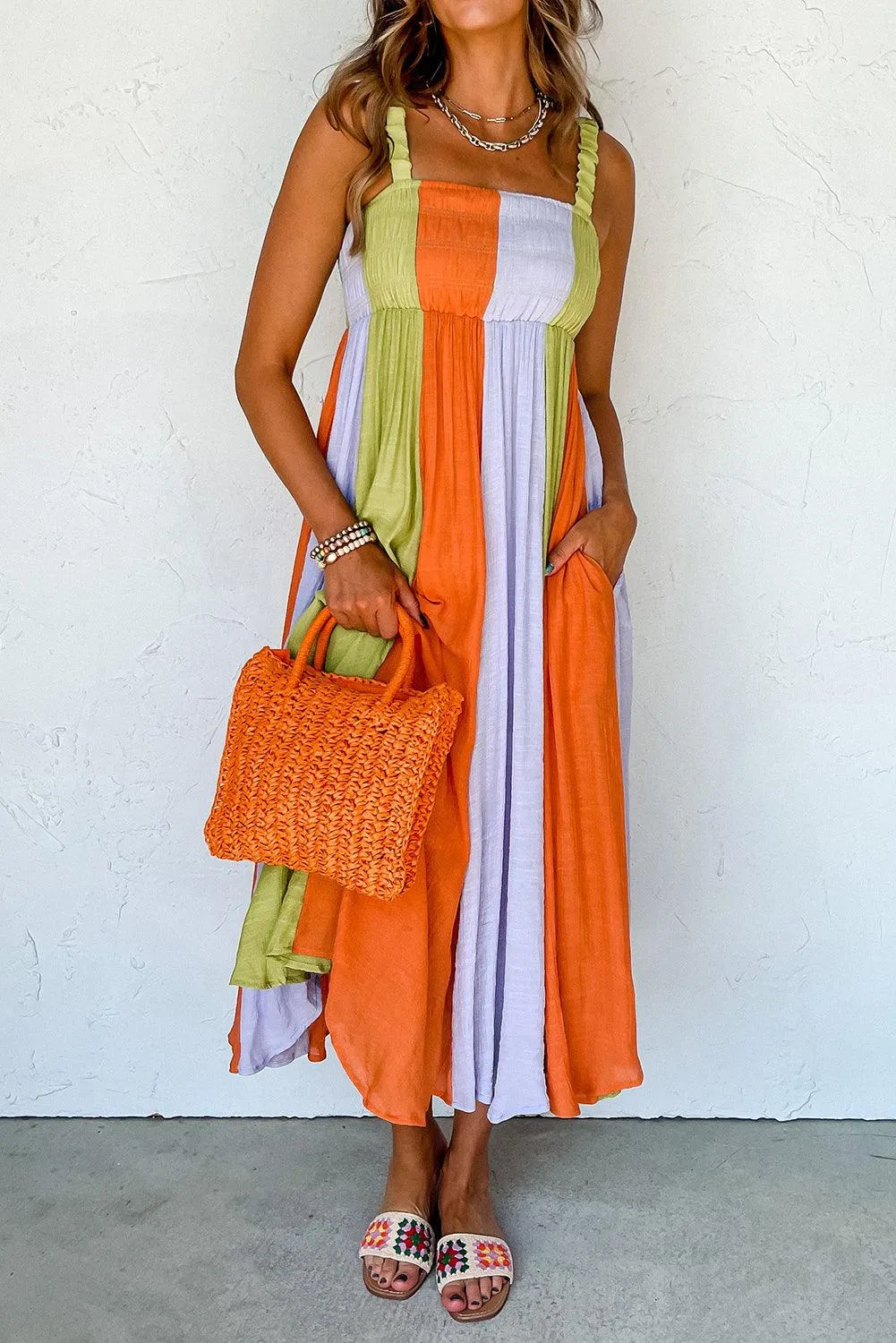 Shirred High Waist Fit & Flare Maxi Dress