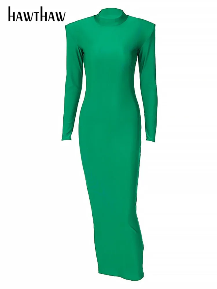 Shoulder Padded Long Sleeve Bodycon Maxi Long Dress
