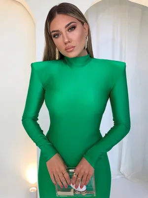 Shoulder Padded Long Sleeve Bodycon Maxi Long Dress