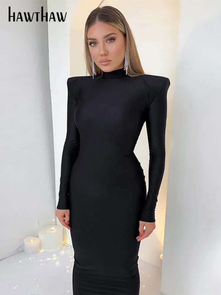 Shoulder Padded Long Sleeve Bodycon Maxi Long Dress