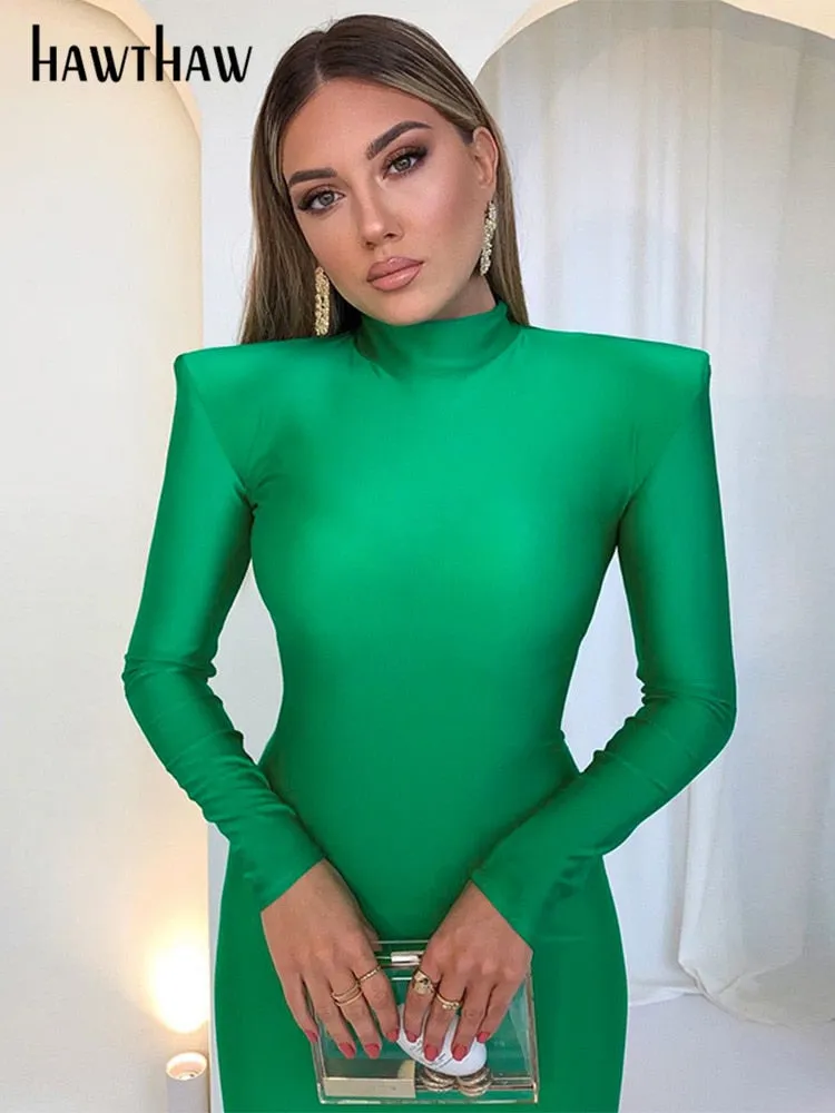 Shoulder Padded Long Sleeve Bodycon Maxi Long Dress