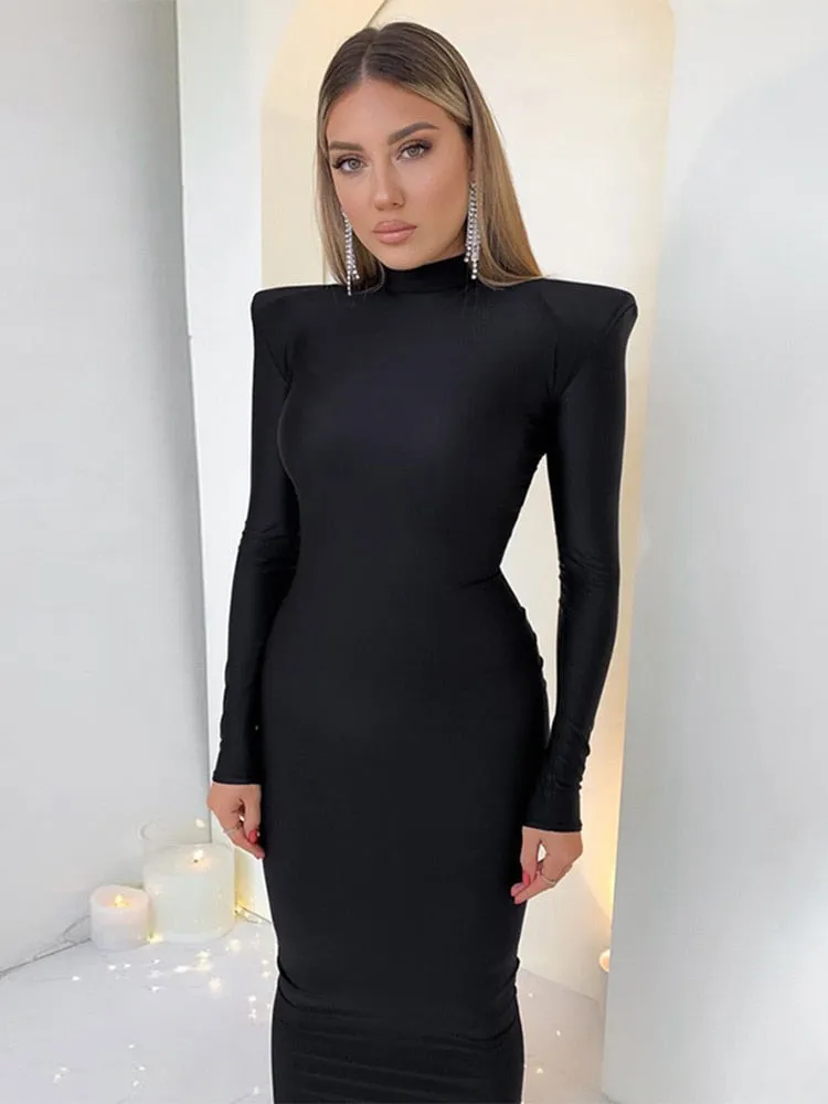 Shoulder Padded Long Sleeve Bodycon Maxi Long Dress